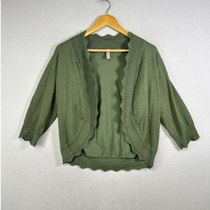 Earthy Layering Cardigan Womens Large Olive Green Scalloped Open Front Shrug L